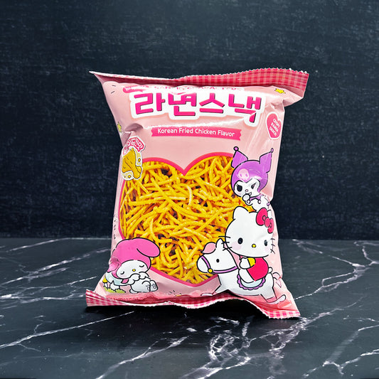 Pink bag of Measty Sanrio Characters ramen snack, chicken flavour, 92g